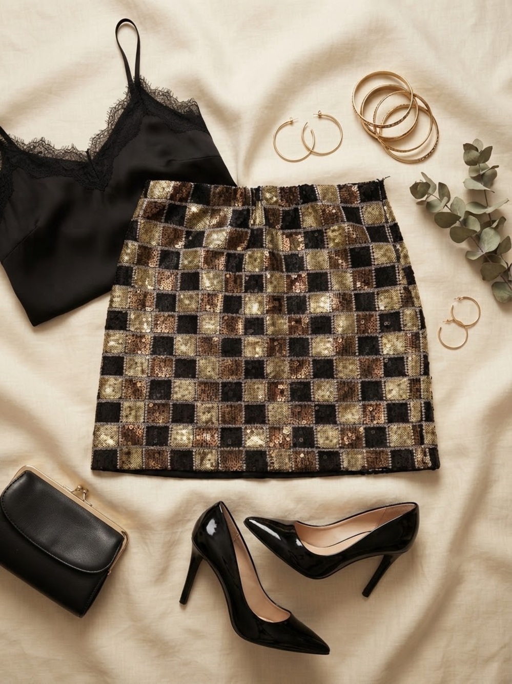 Romeo & Juliet Couture Sequin Checkerboard Mini Skirt - Black and Gold